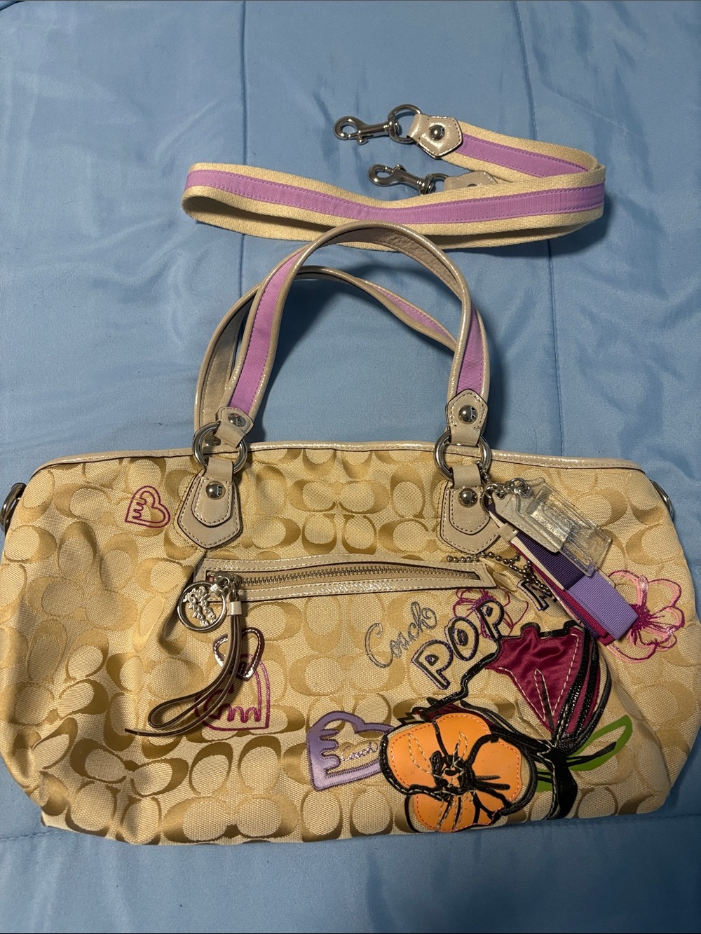 Coach Beige Signature Floral Pop Satchel with Pink & Purple Trim